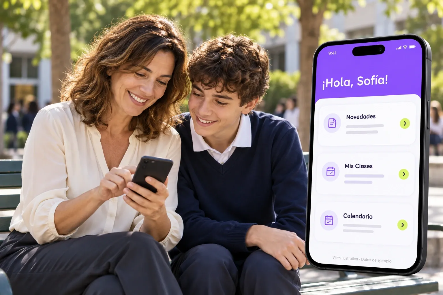 Madre y alumno usando un celular, junto a una vista ilustrativa de la app Aulagix