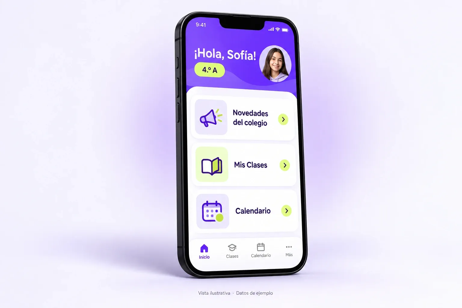 Vista ilustrativa de la app con novedades, clases y calendario; datos de ejemplo