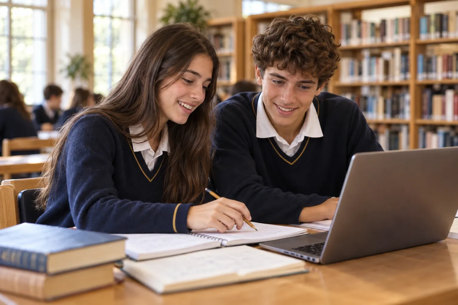 Dos alumnos estudiando juntos con una computadora y un cuaderno