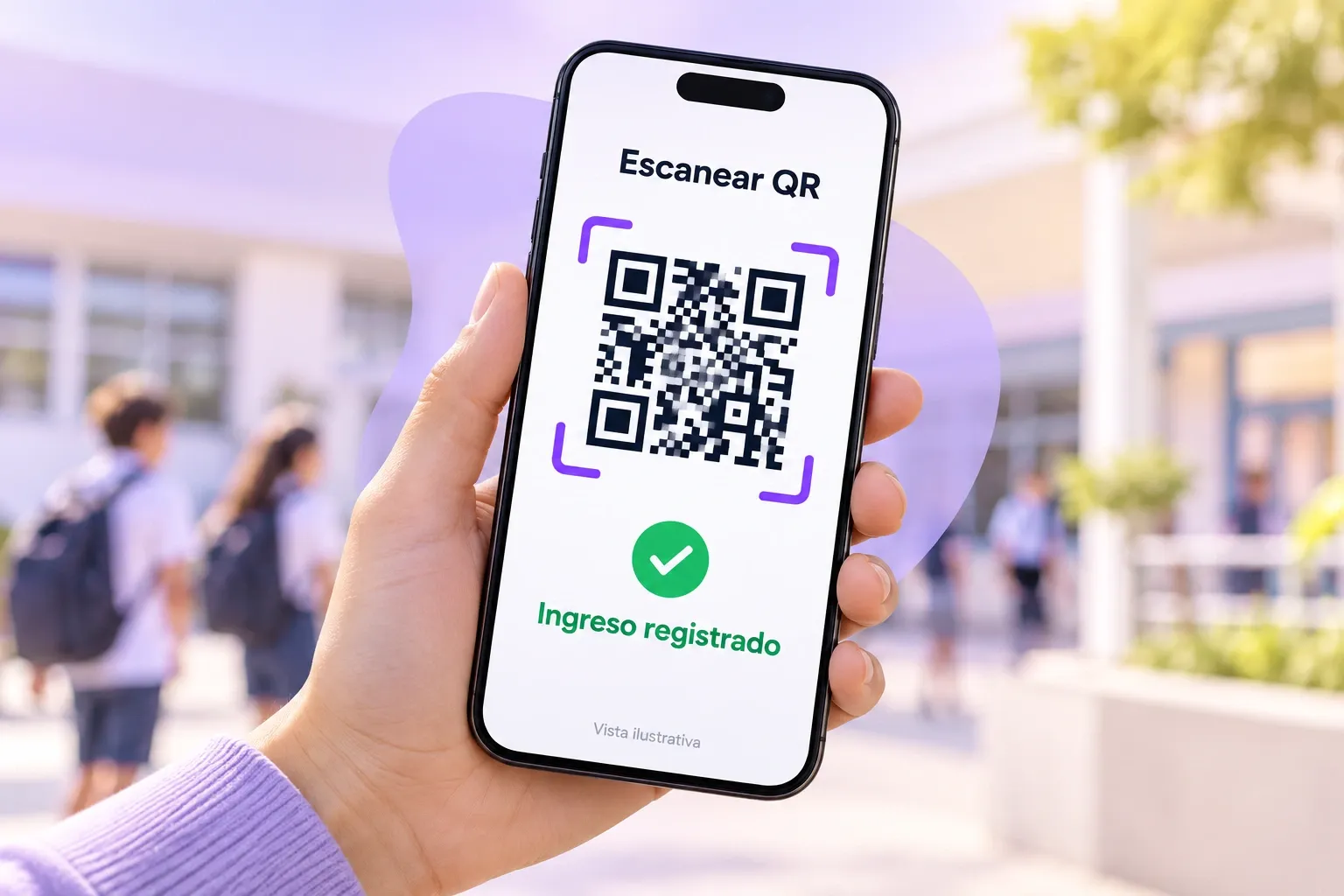 Celular con pantalla ilustrativa de escaneo QR e ingreso registrado
