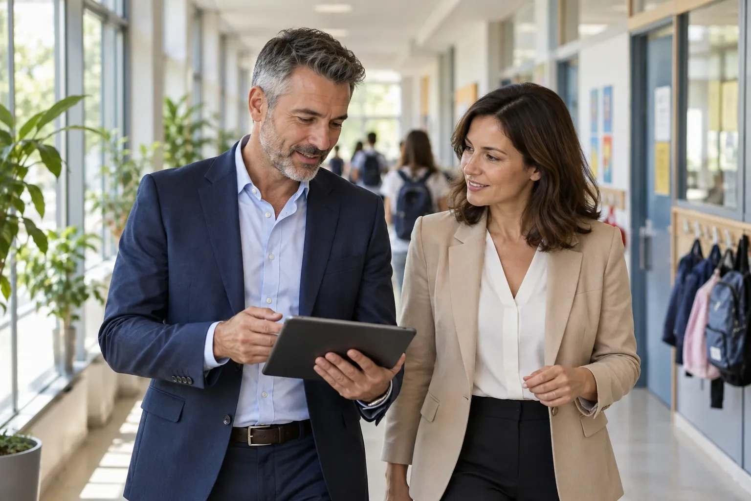 Equipo directivo revisando información en una tablet en el colegio