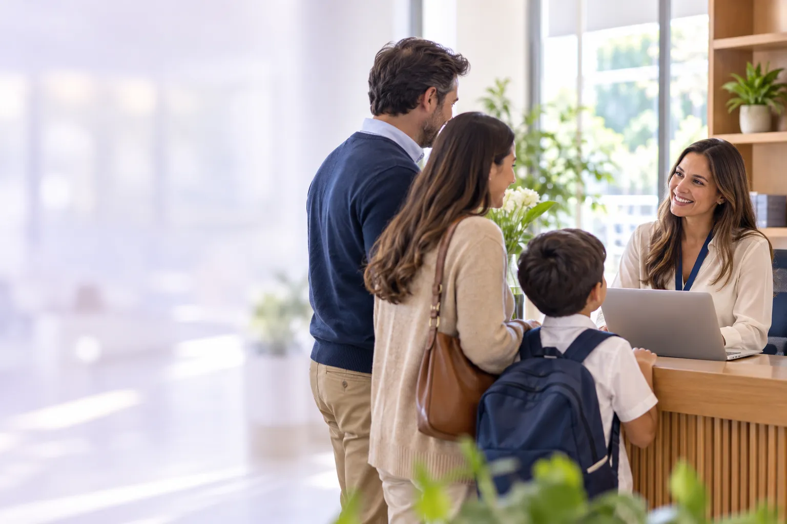 Una familia recibida por el equipo de admisiones del colegio