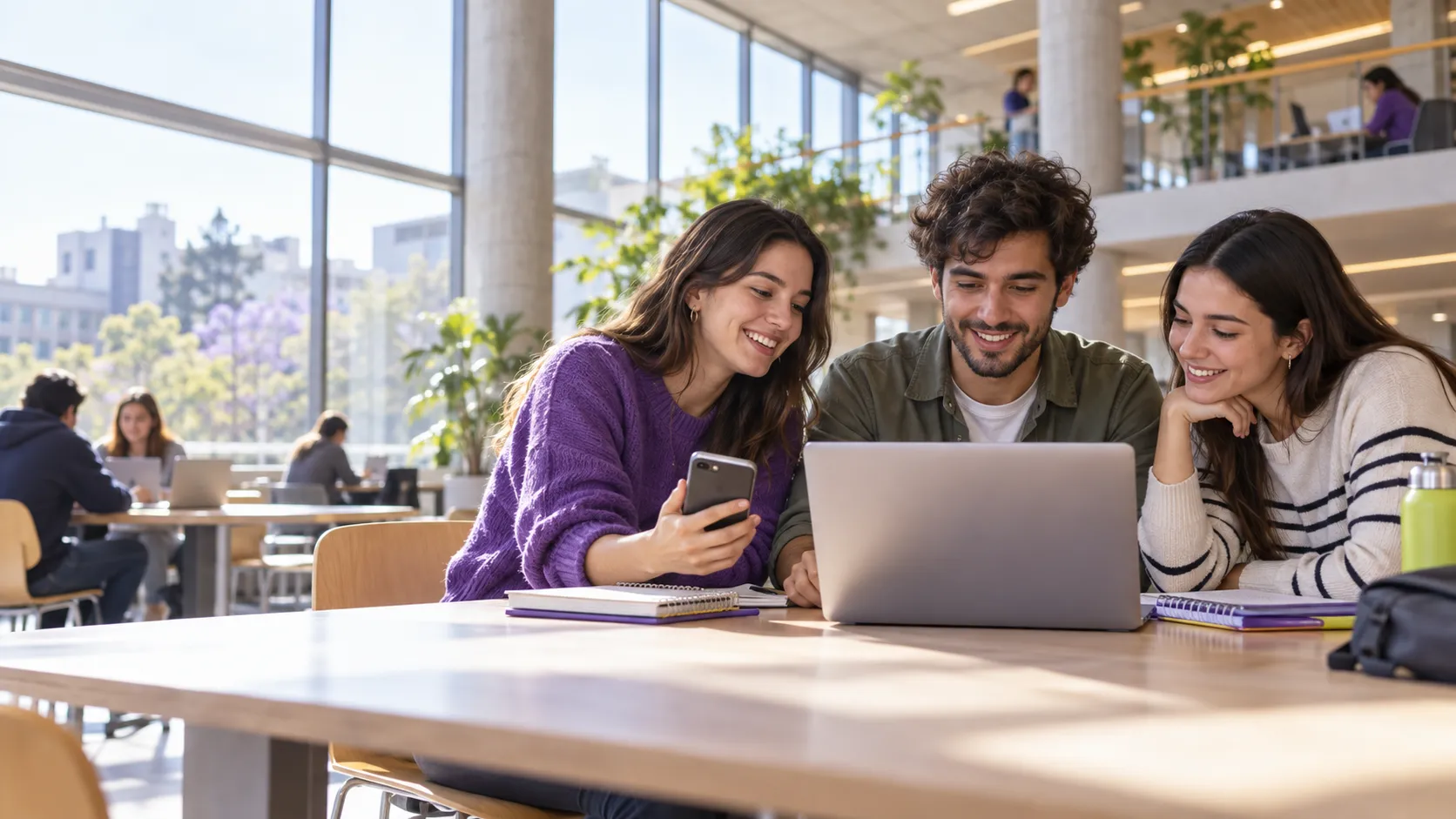 Estudiantes de nivel superior colaborando en un espacio universitario
