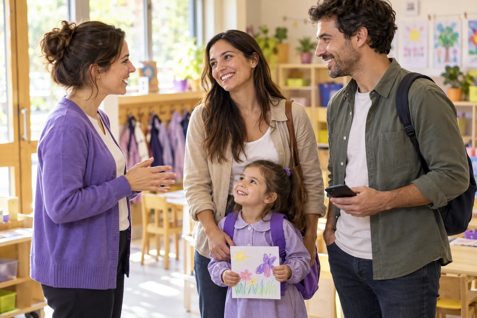 Maestra de nivel inicial conversando con una familia y su hija en el jardín