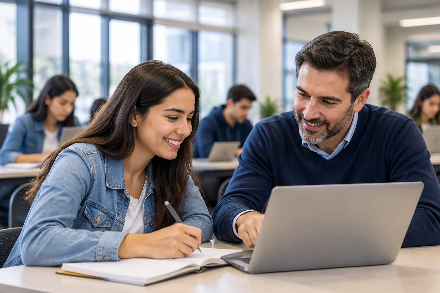 Docente acompañando a una estudiante en un aula de formación técnica