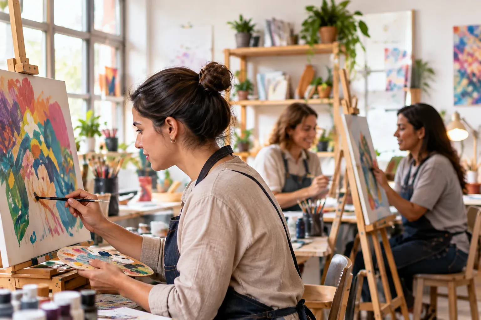 Alumnas pintando en un taller de arte