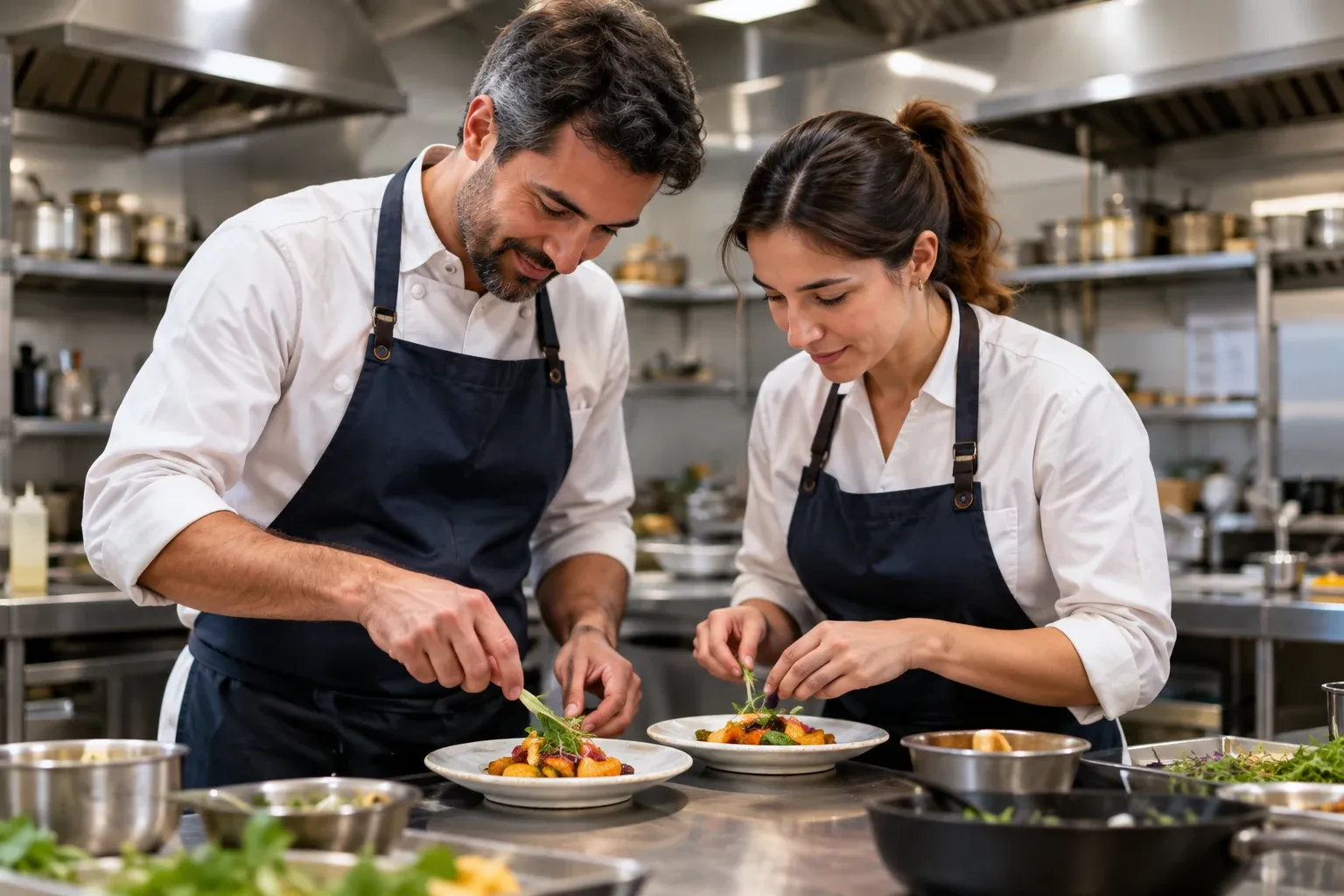 Participantes de una academia de cocina preparando platos en una cocina de formación