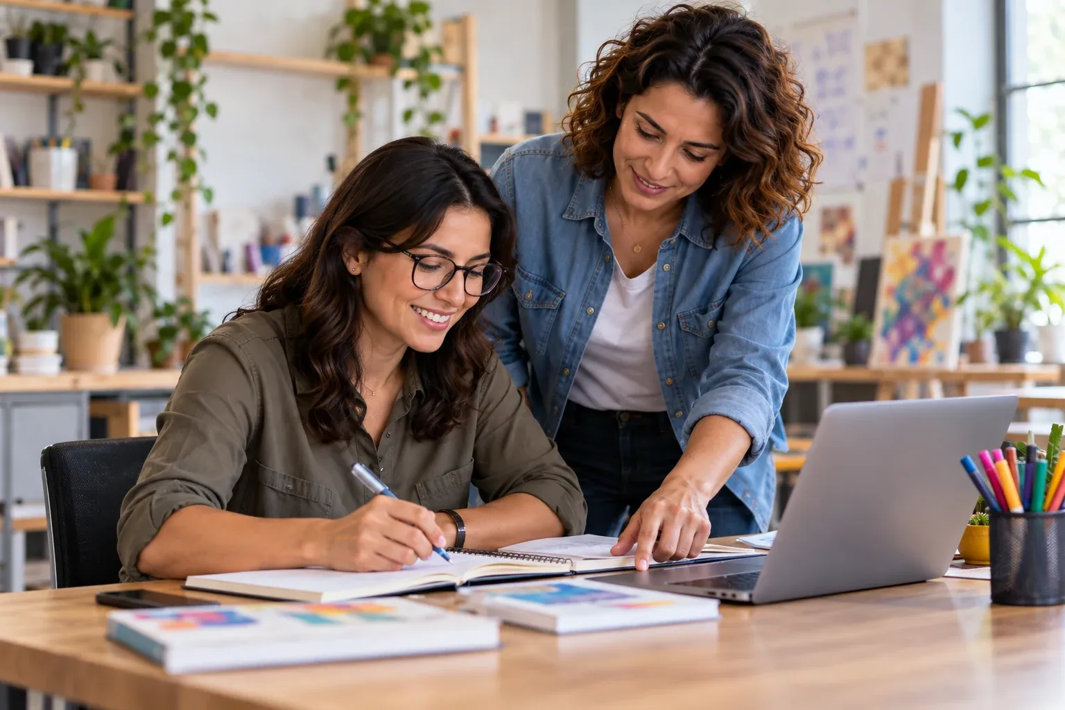 Dos integrantes de una academia coordinando actividades con un cuaderno y una computadora