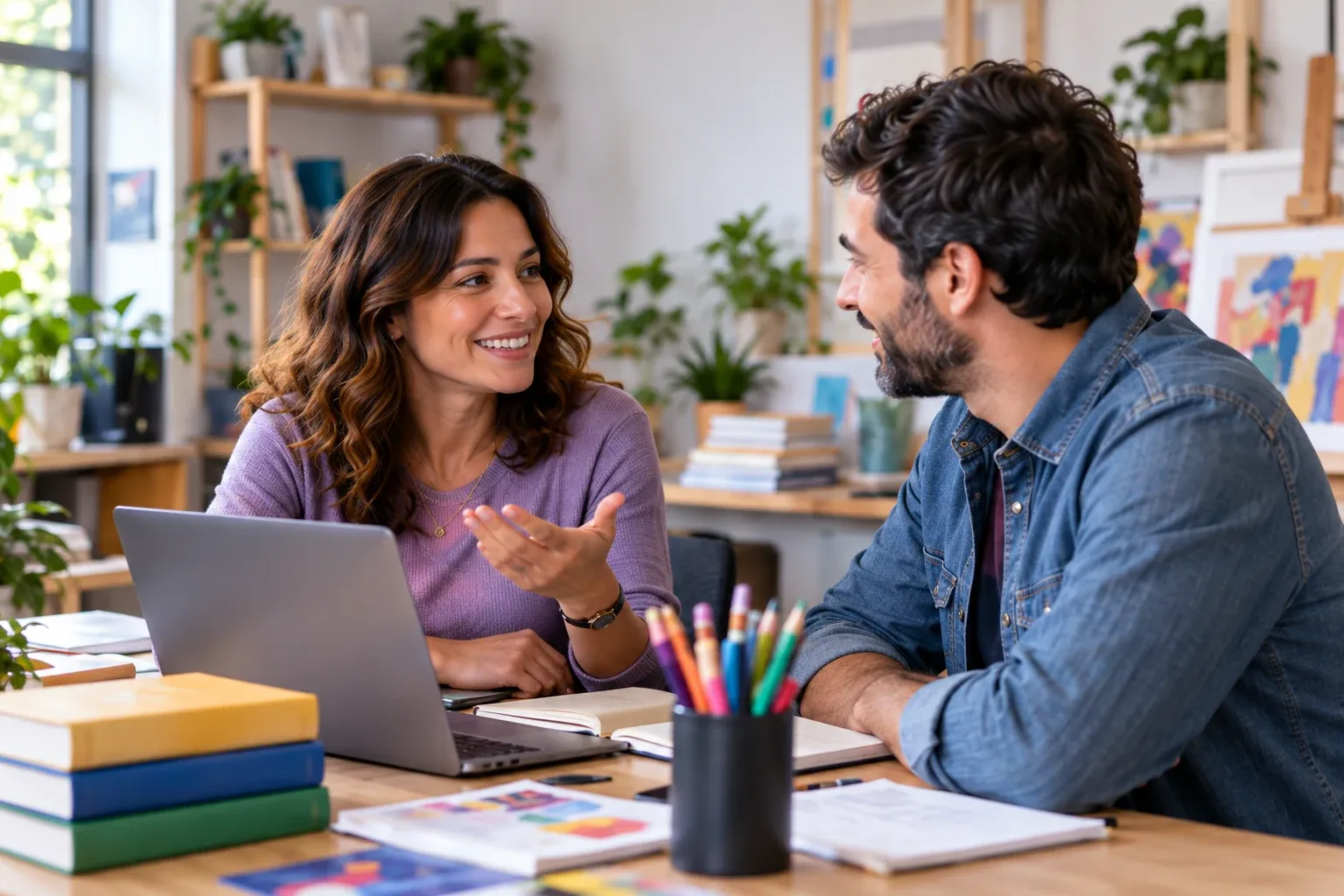 Coordinadora y docente de una academia conversando junto a una computadora