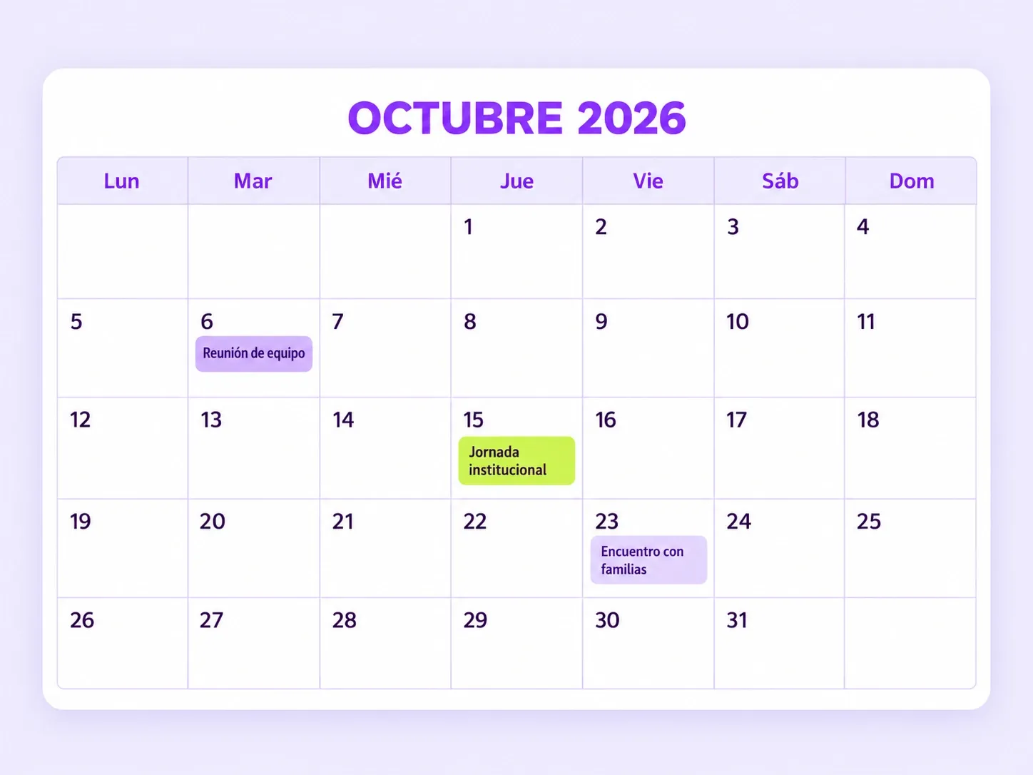 Ejemplo de agenda de octubre de 2026 con una reunión de equipo, una jornada institucional y un encuentro con familias