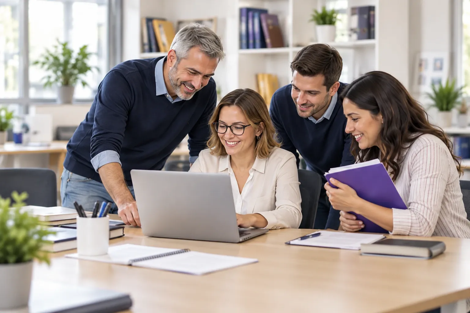 Equipo del colegio coordinando su trabajo alrededor de una computadora
