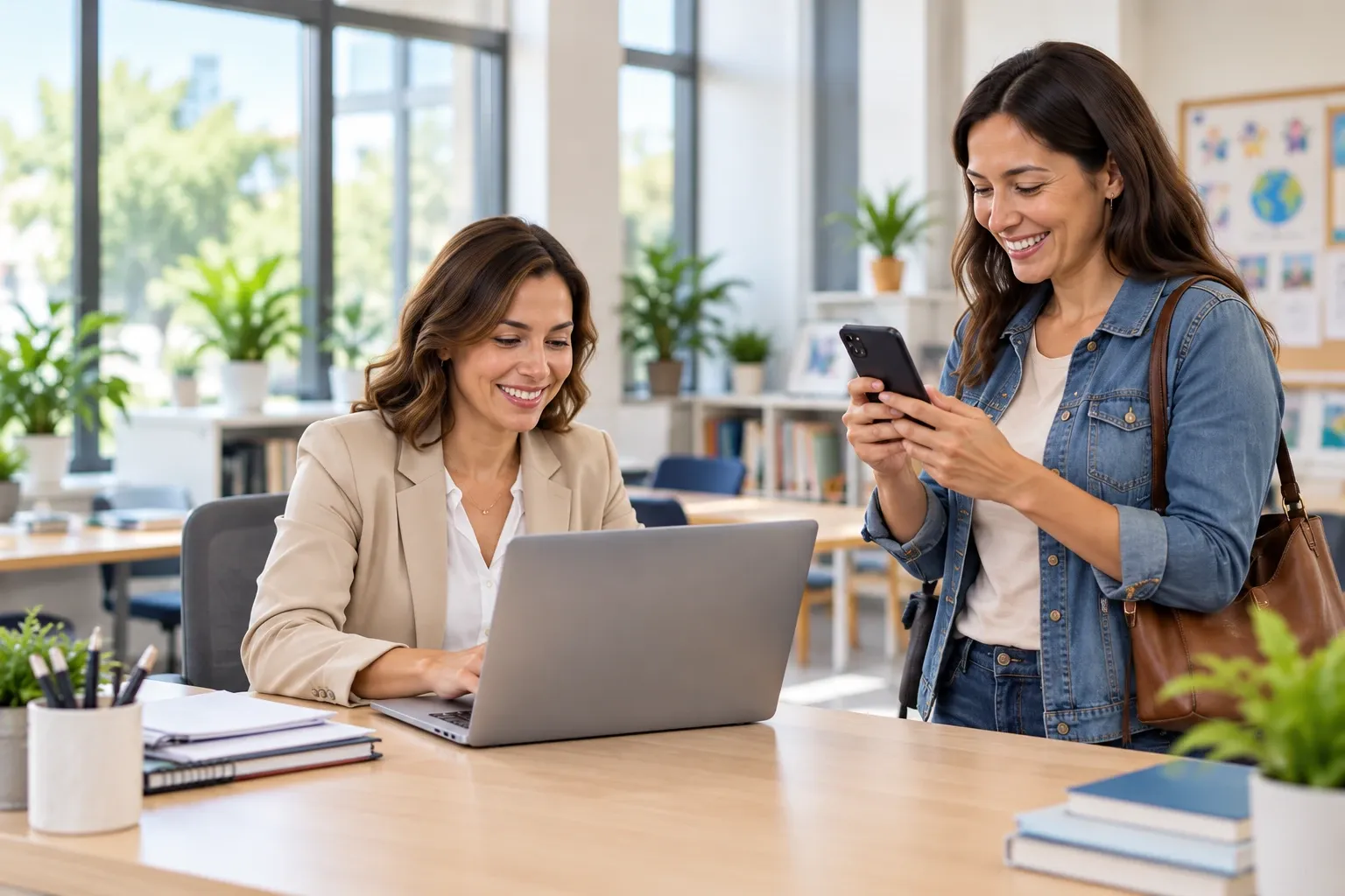 Una integrante del colegio trabajando y una madre consultando información desde su celular