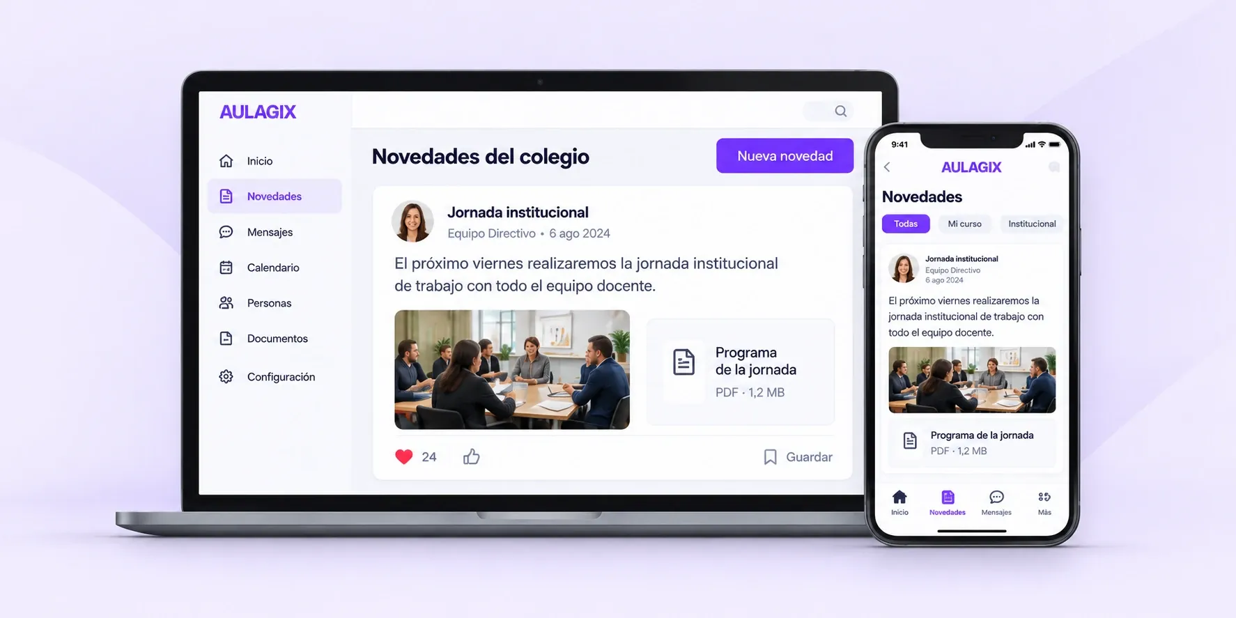 Vista ilustrativa de Novedades del colegio en la computadora y en la app de Aulagix