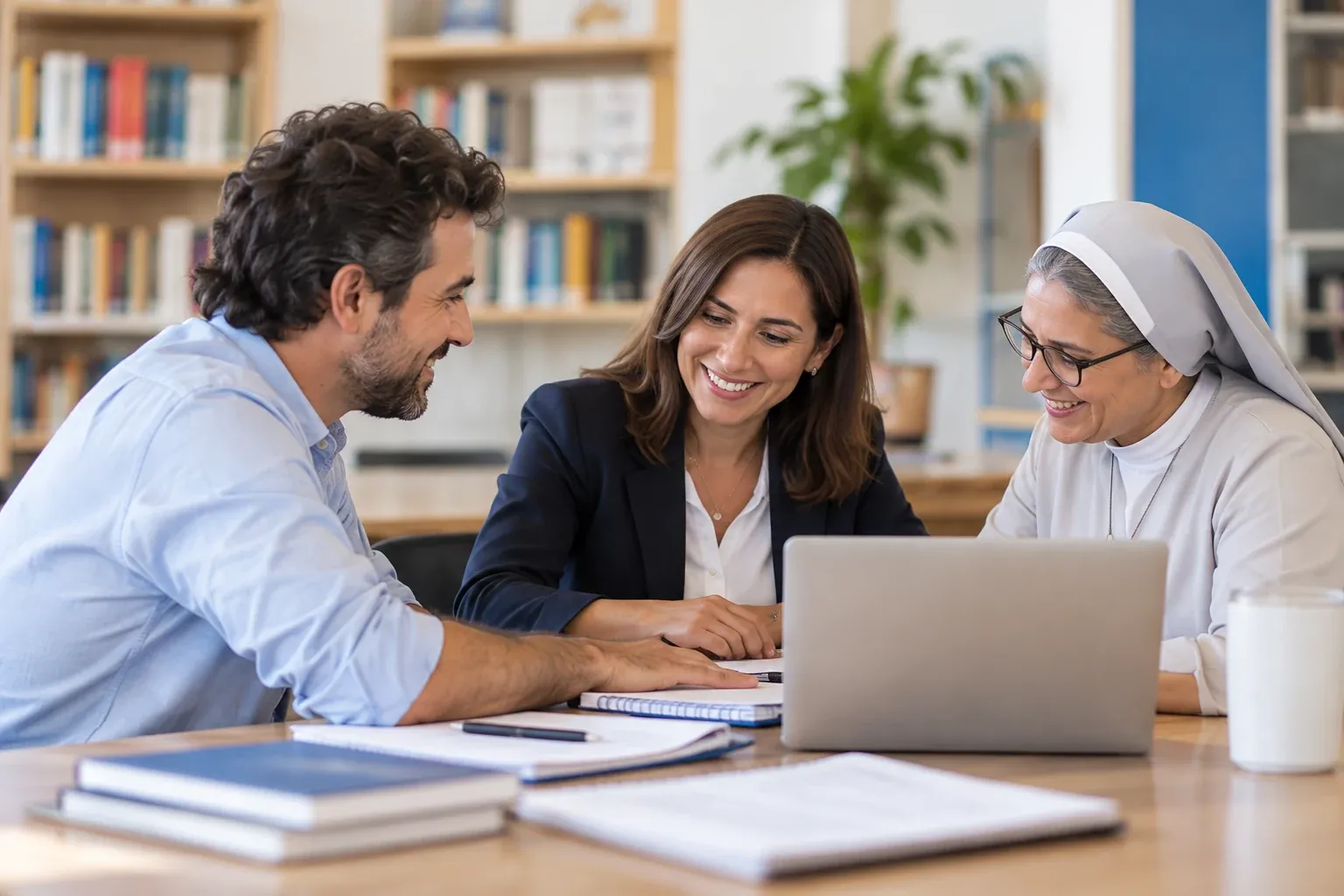 Religiosa y profesionales de un colegio trabajando juntos
