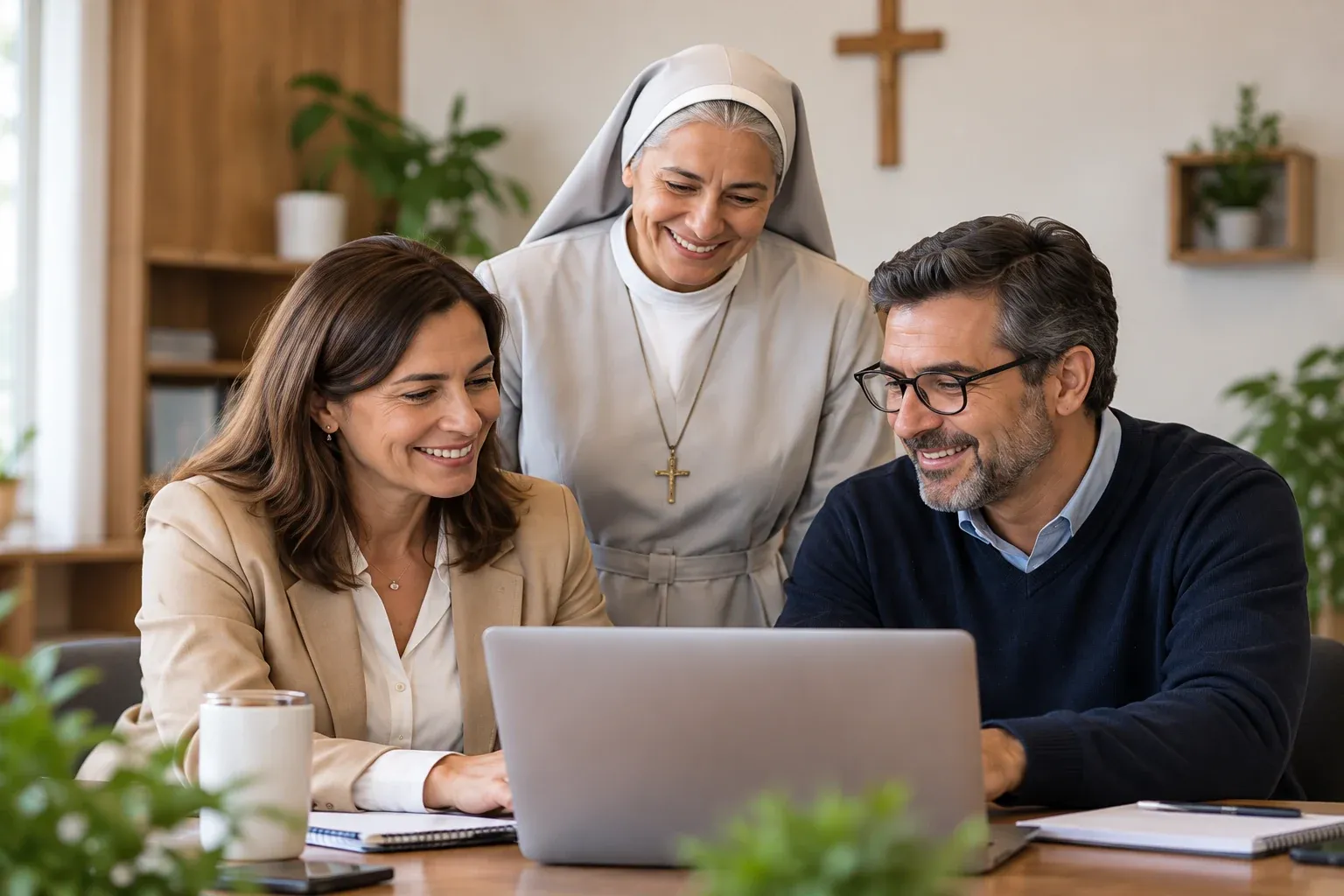 Religiosa y equipo directivo colaborando en la gestión de un colegio