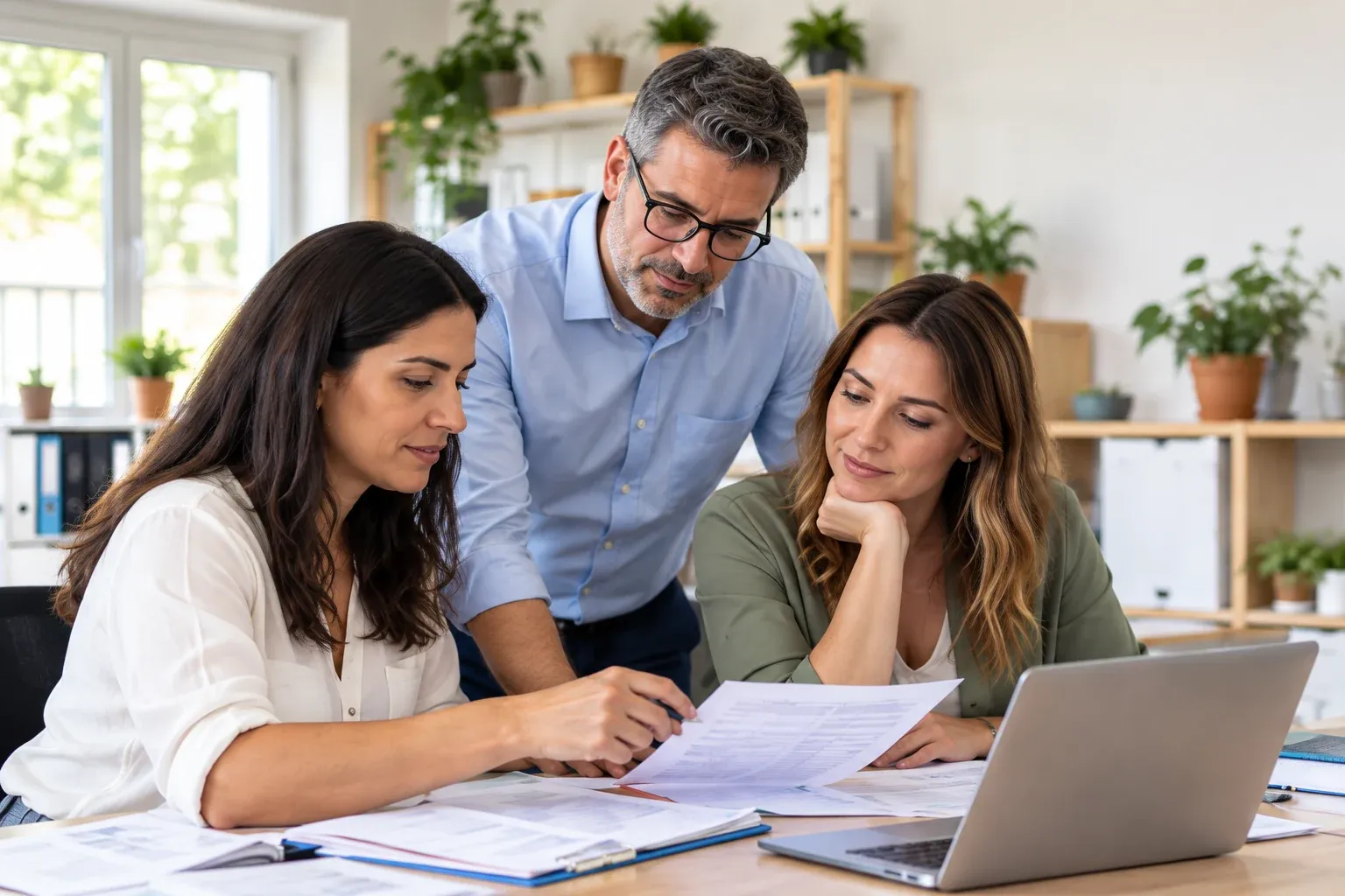Equipo administrativo de una institución revisando movimientos y documentación