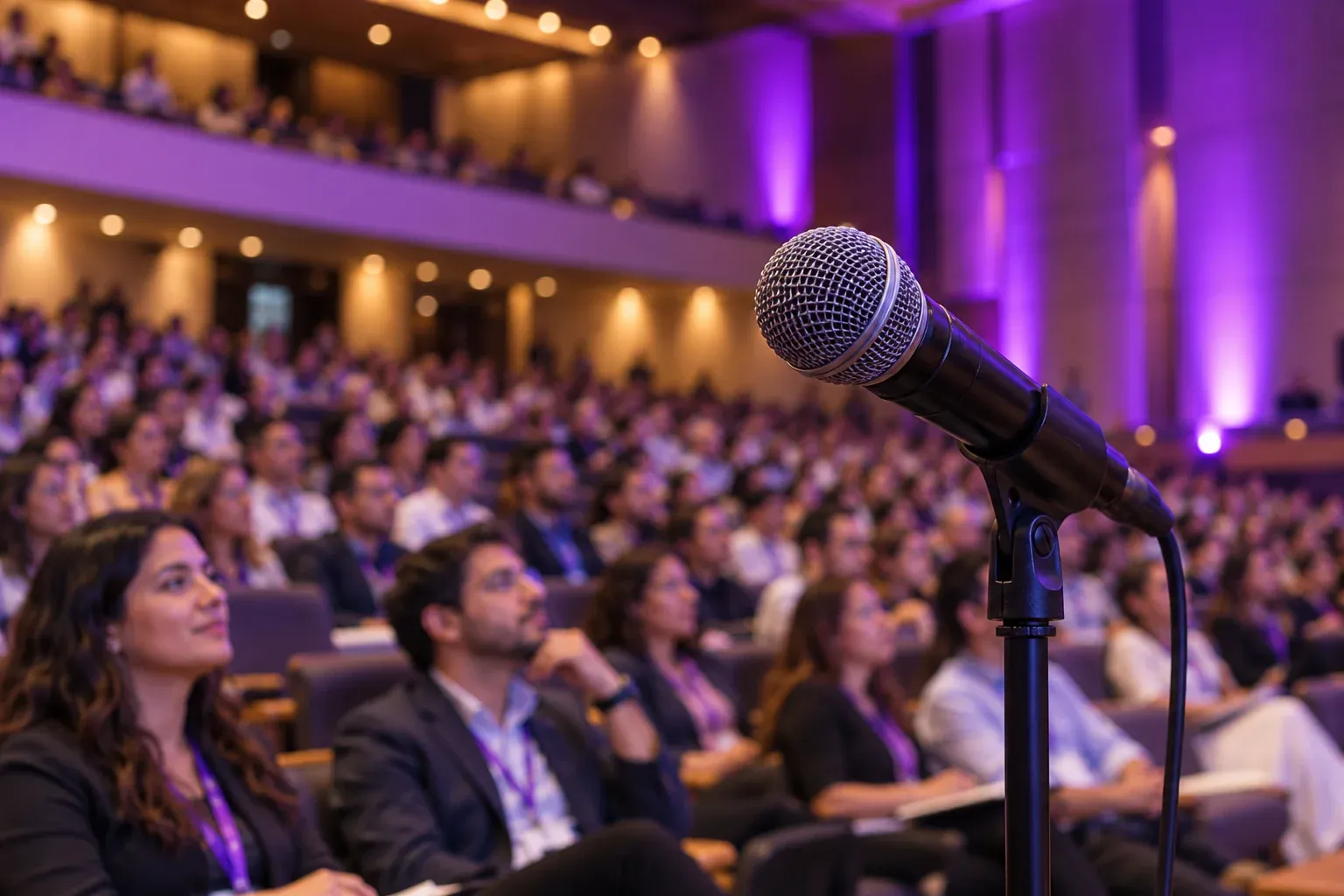 Micrófono frente al público de una conferencia