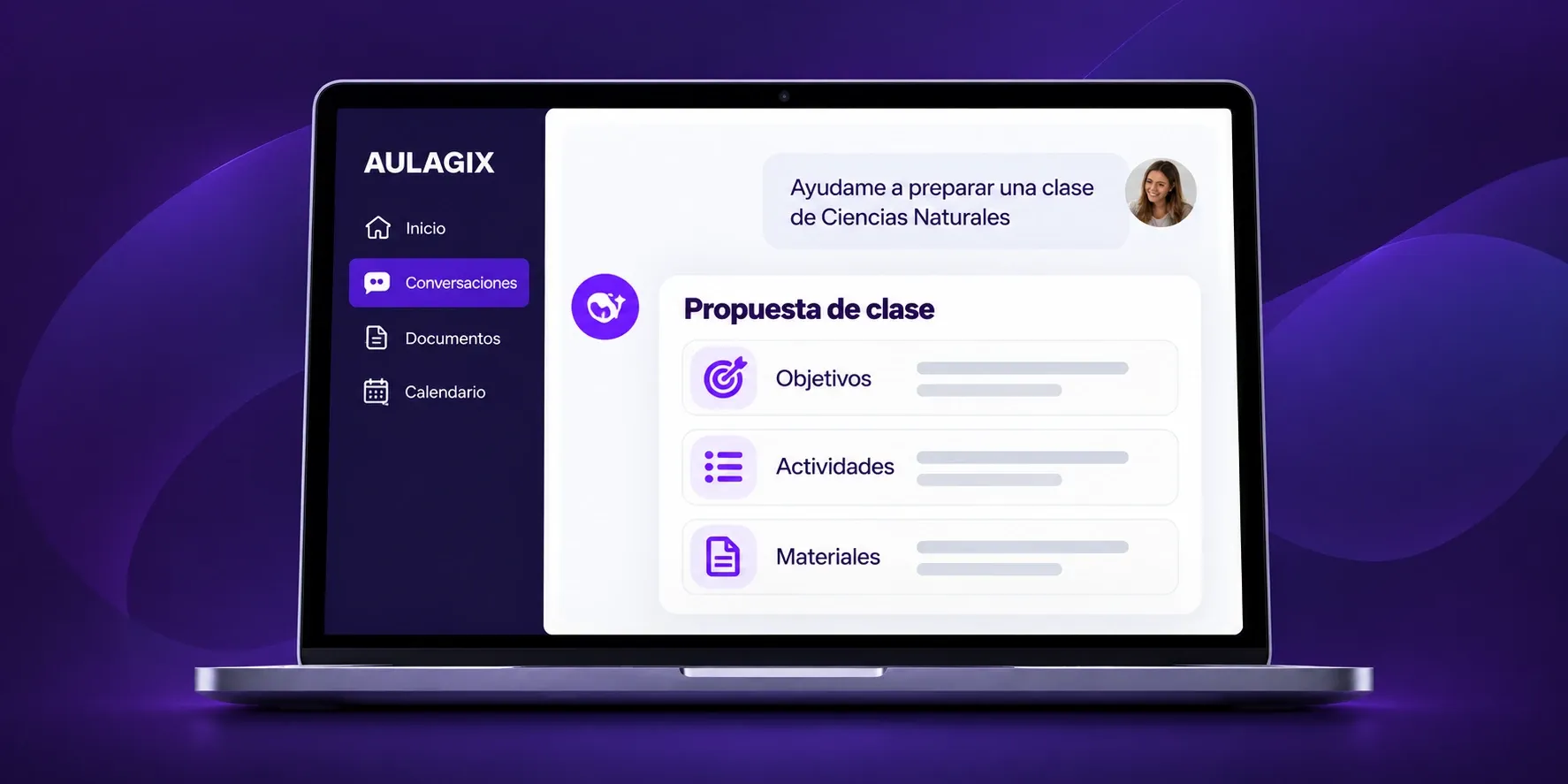 Ejemplo ilustrativo de un asistente de inteligencia artificial preparando una propuesta de clase con objetivos, actividades y materiales