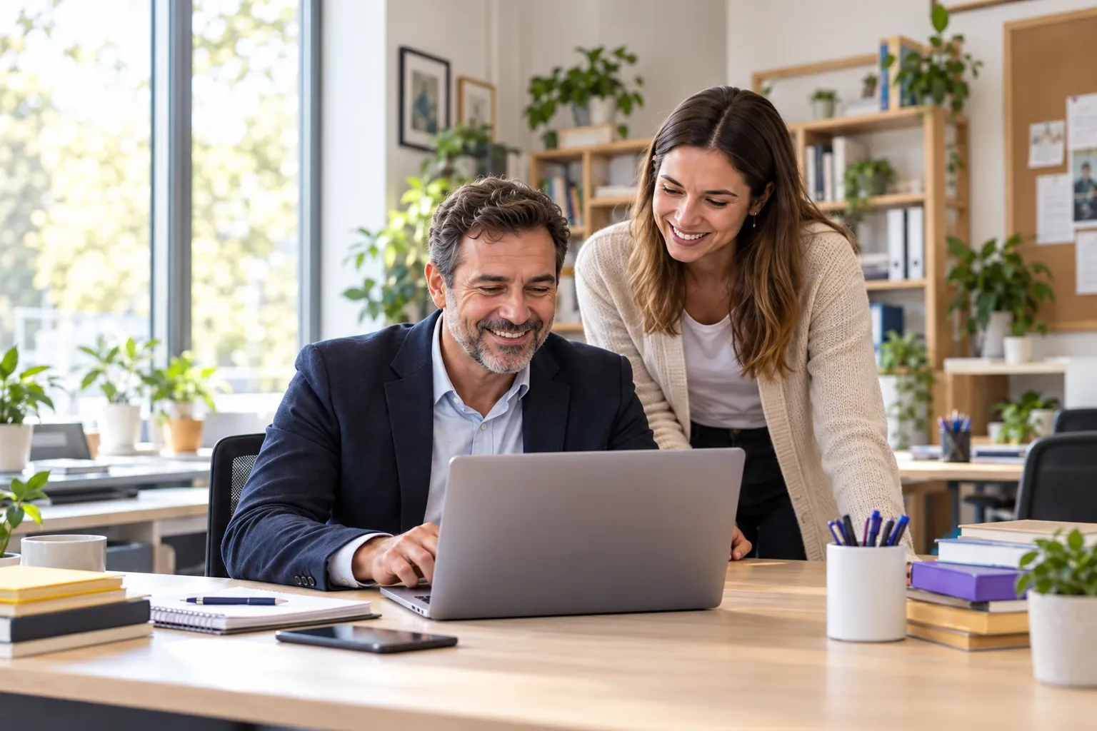 Un directivo y una docente trabajando juntos en una computadora