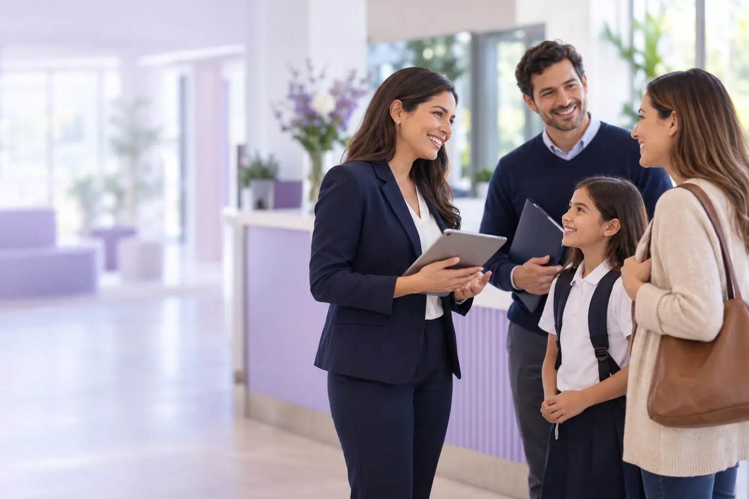 Equipo del colegio recibiendo a una familia en la institución