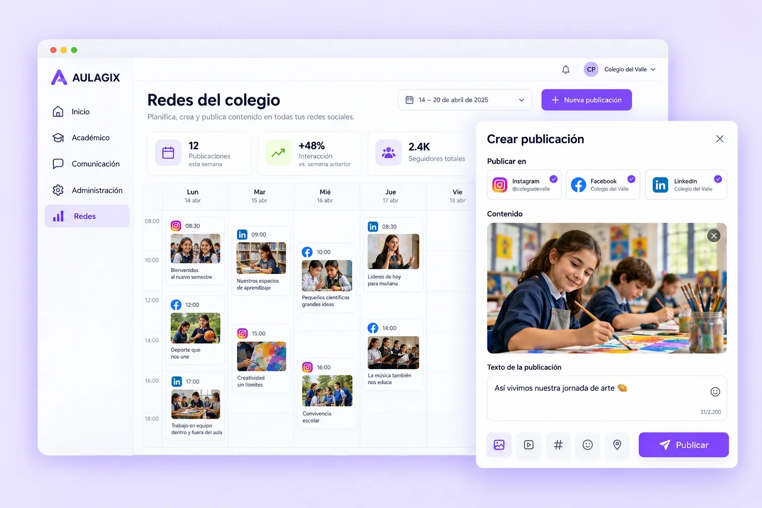 Vista ilustrativa de Aulagix Redes con calendario y editor de publicaciones
