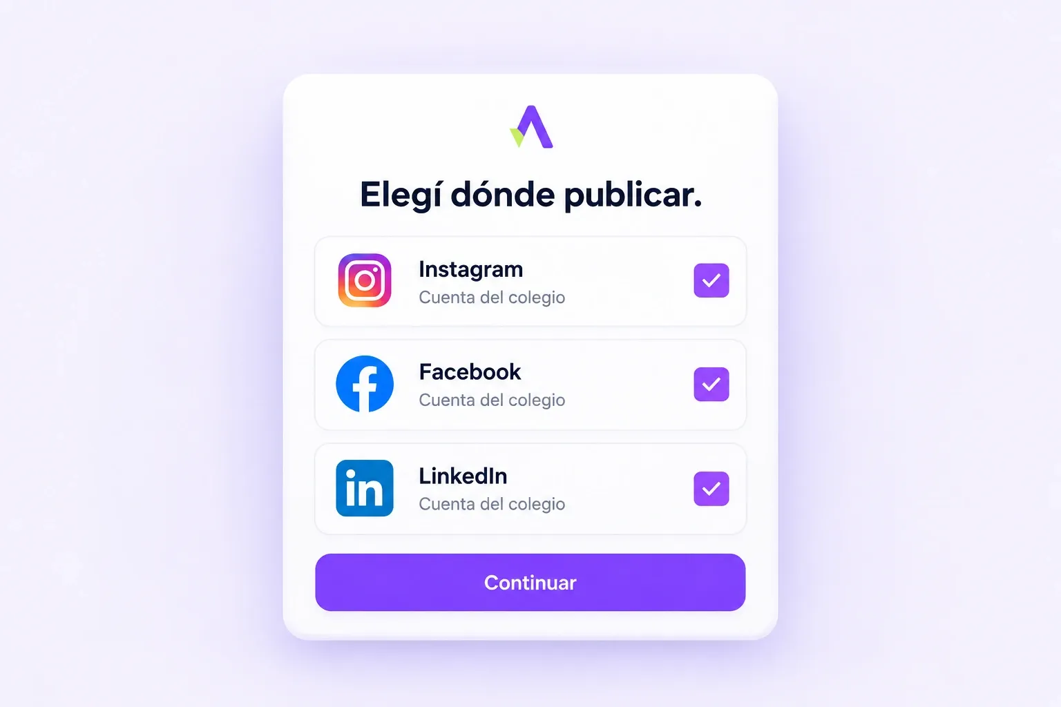 Vista ilustrativa del selector de cuentas sociales del colegio