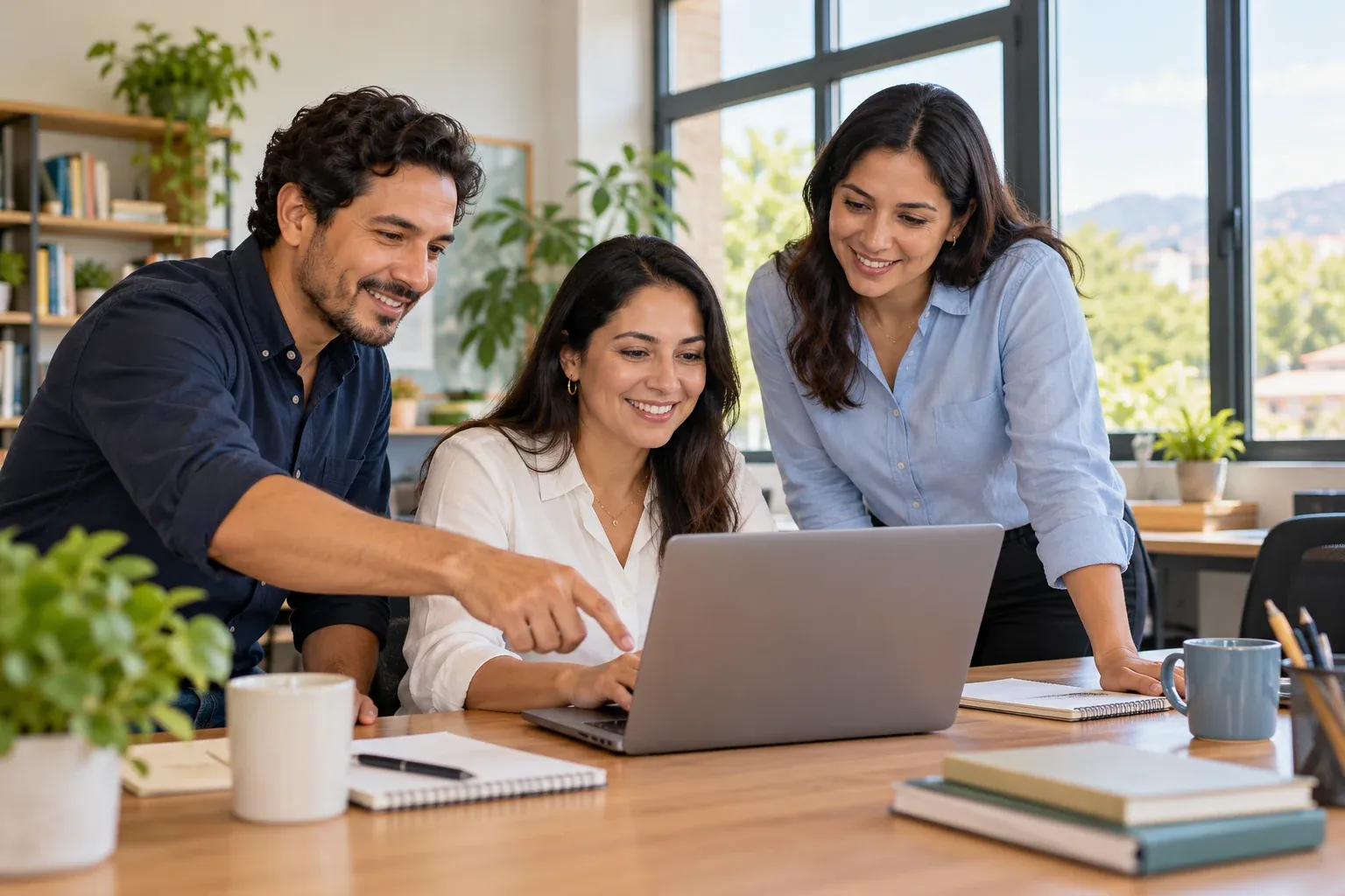 Equipo escolar trabajando en conjunto con una computadora