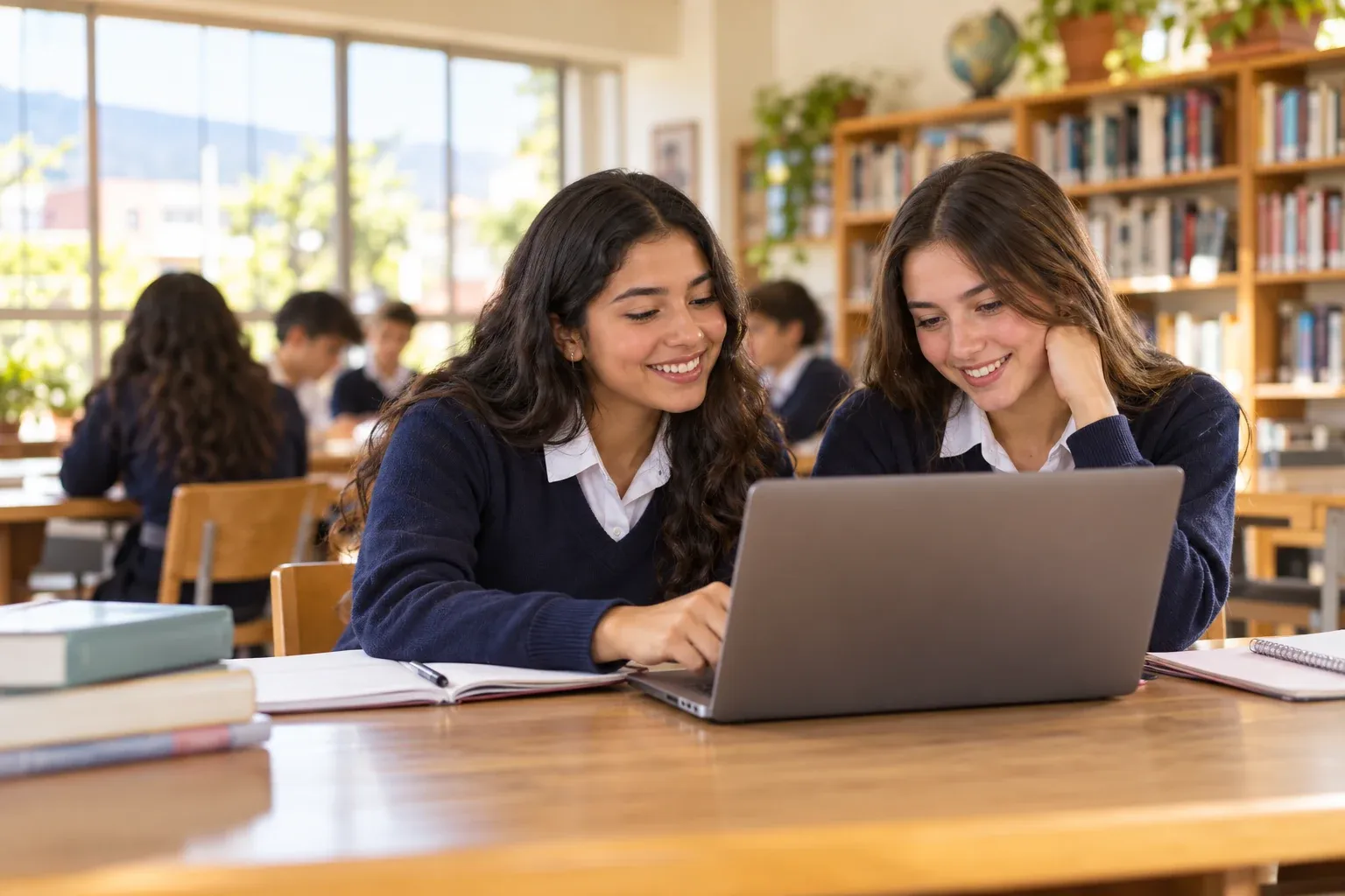 Estudiantes compartiendo una actividad con una computadora en la biblioteca