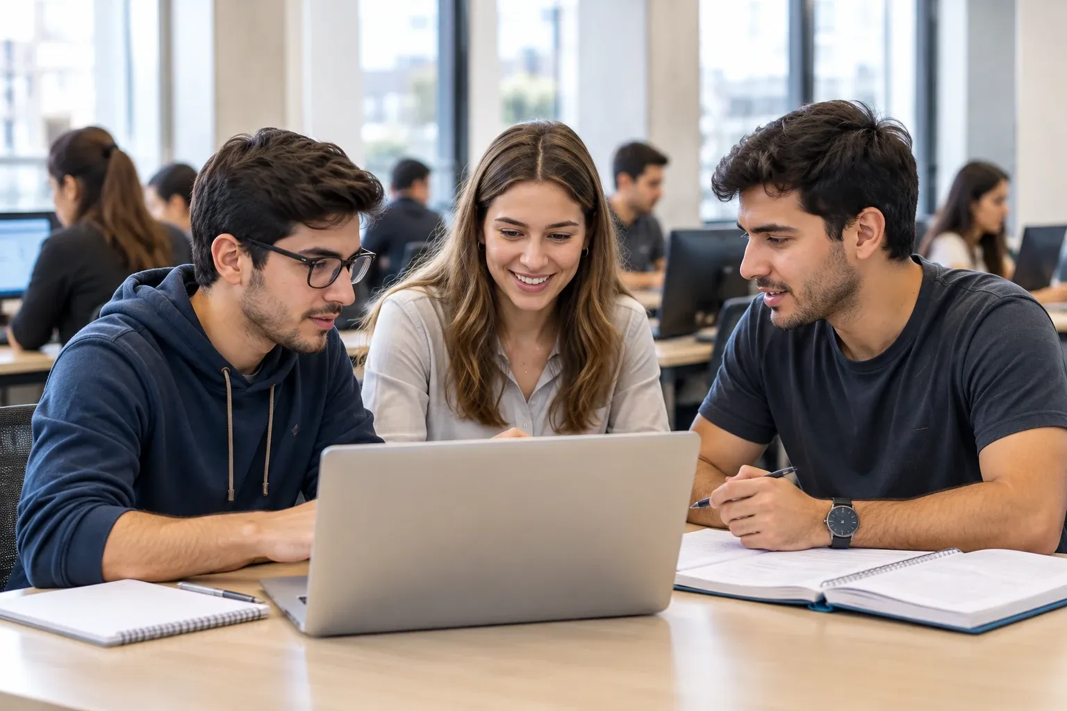 Estudiantes de administración trabajando juntos en un aula