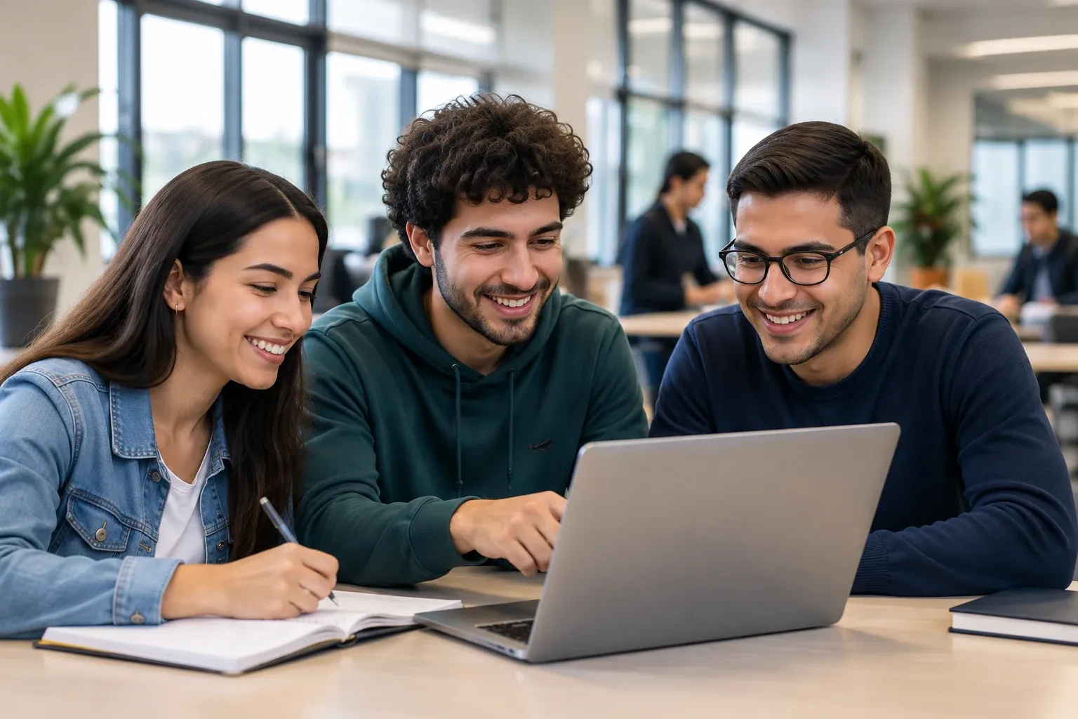 Estudiantes de un instituto terciario colaborando con una computadora
