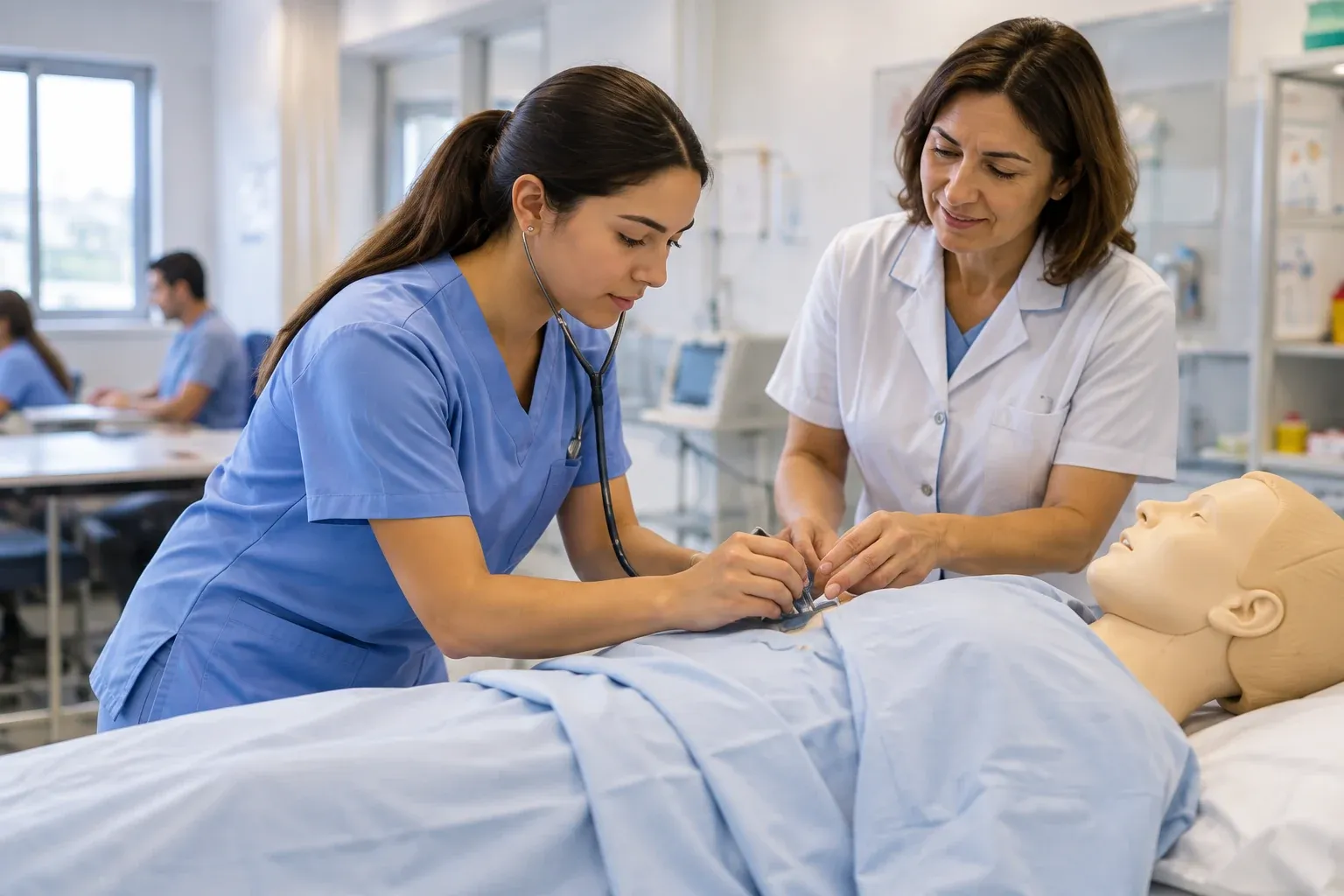 Estudiante e instructora de enfermería practicando con un maniquí en un aula de simulación