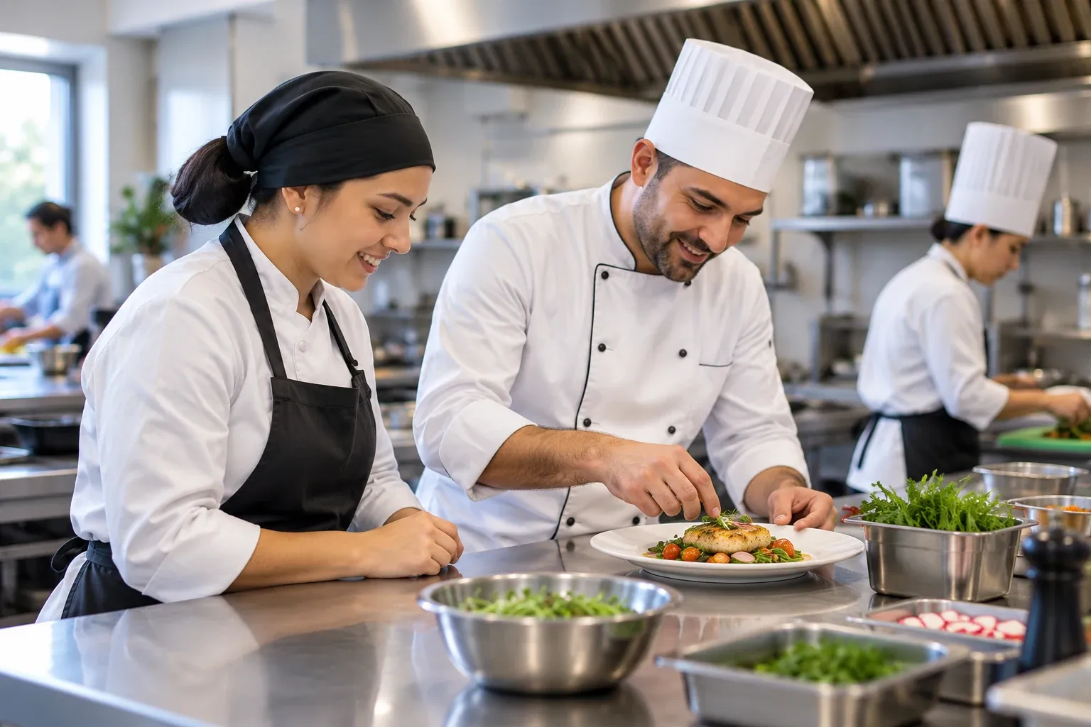 Estudiantes y docente de gastronomía en una cocina de formación profesional