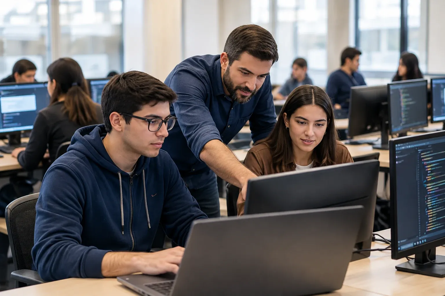 Docente y estudiantes trabajando en un laboratorio de programación