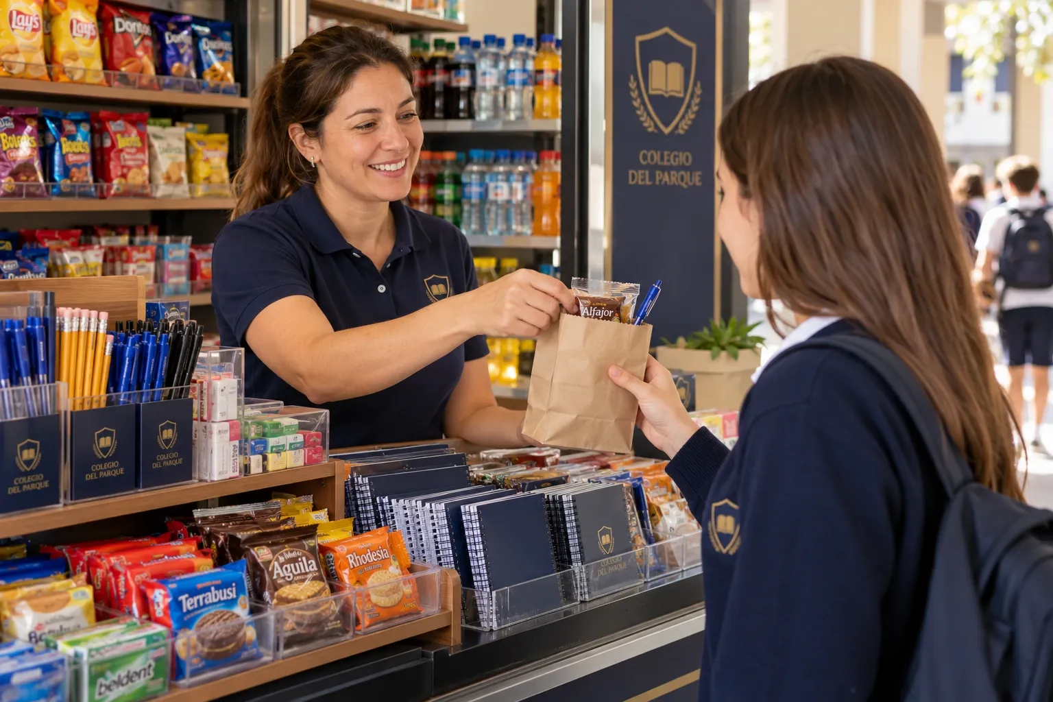 Entrega de una compra con un snack y una lapicera a una alumna
