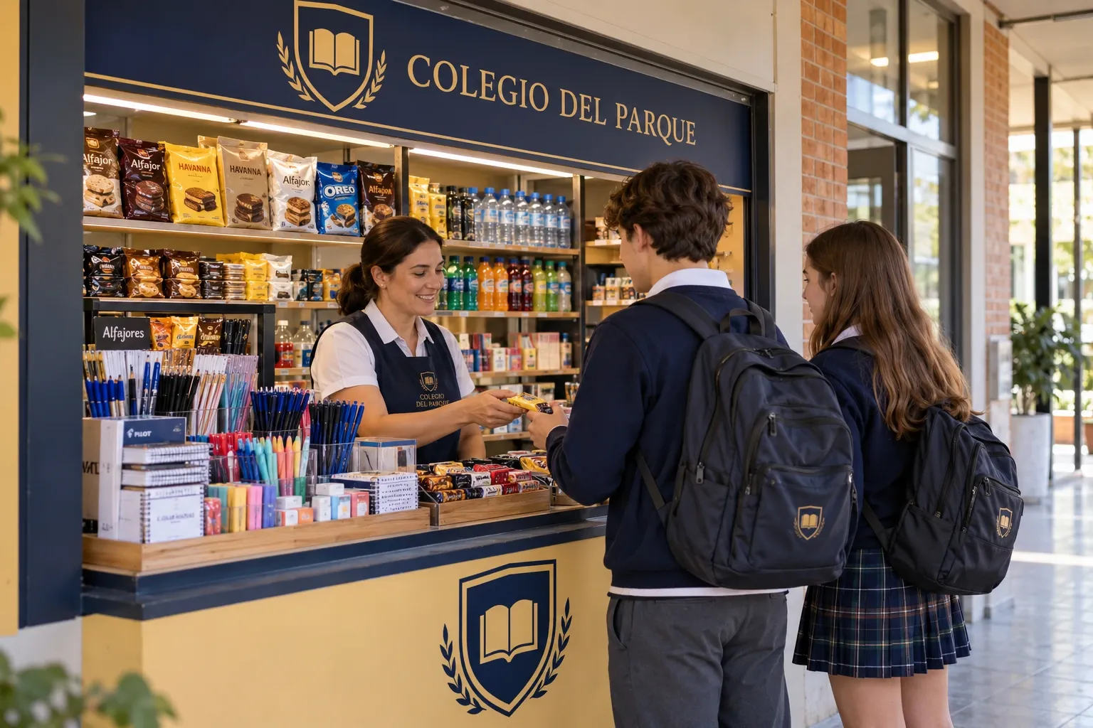 Alumnos comprando snacks y útiles en el mostrador del kiosco escolar