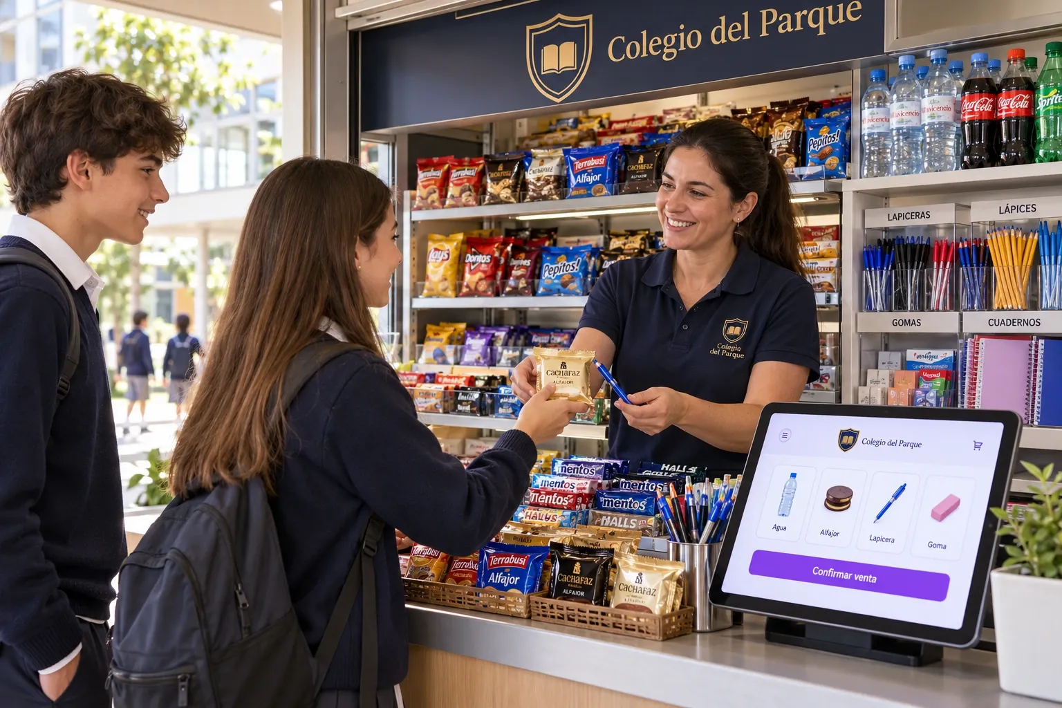 Kiosco escolar con snacks, útiles y una pantalla de venta con la identidad del colegio