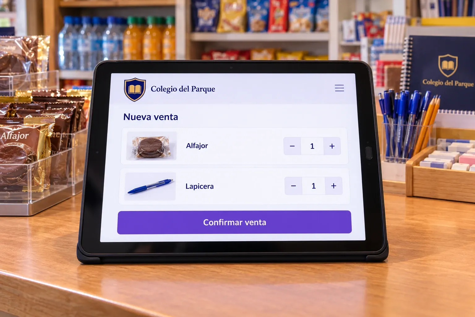 Pantalla de registro de una venta de alfajor y lapicera