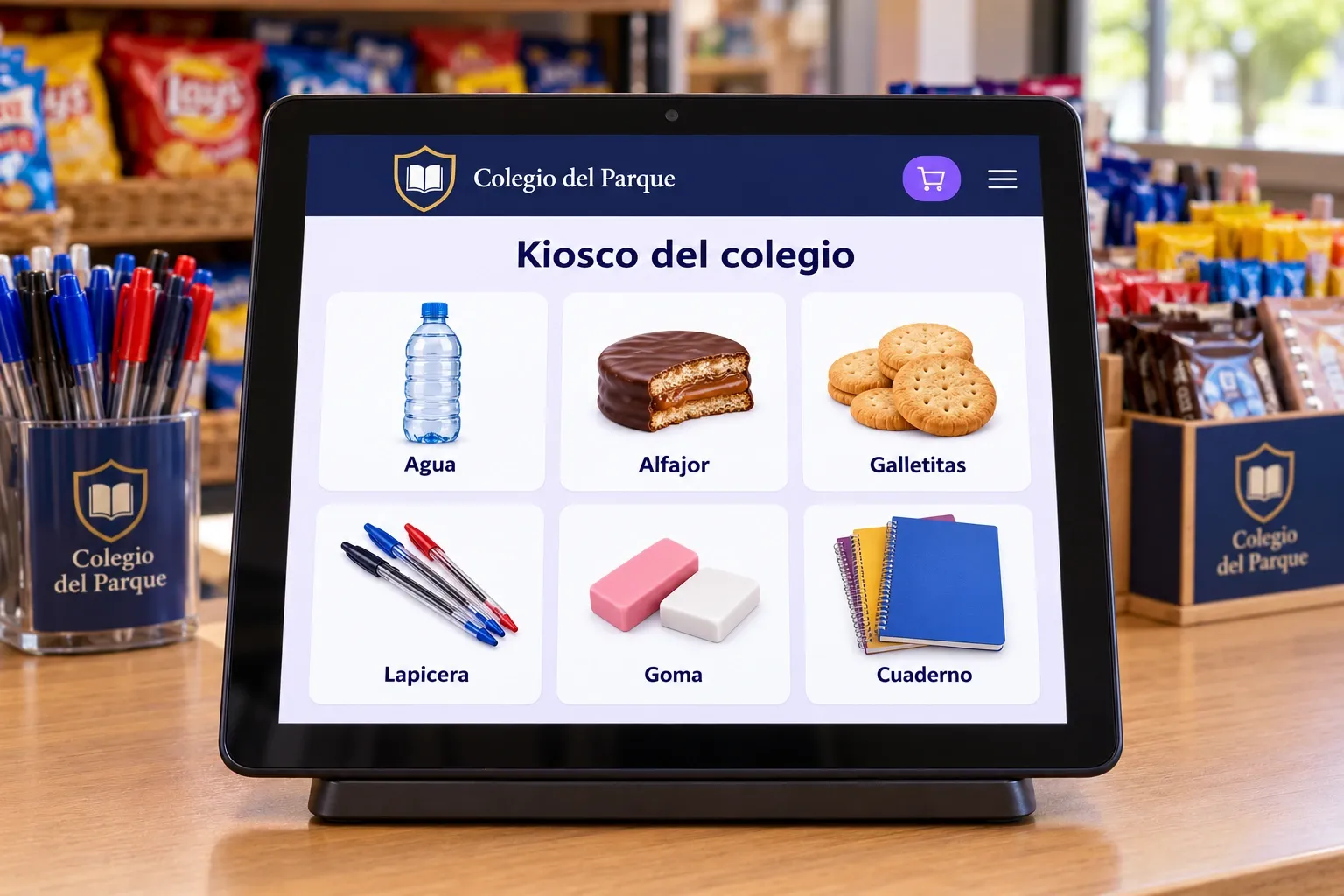 Catálogo del kiosco con agua, alfajor, galletitas, lapicera, goma y cuaderno